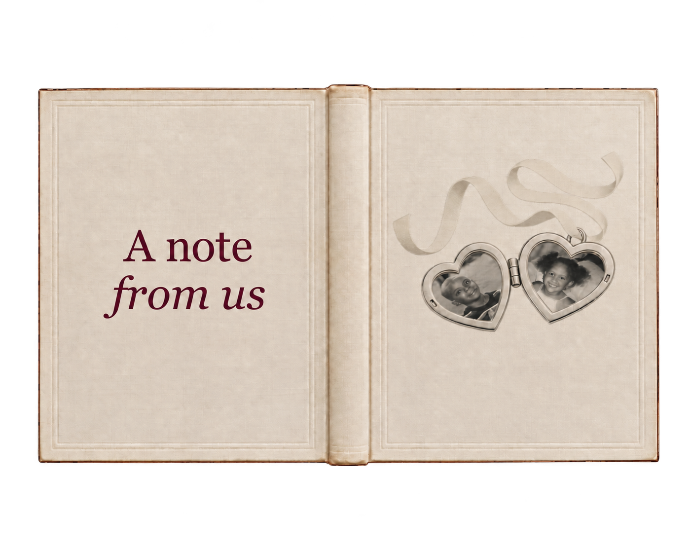 An ivory vintage book with a note from us and a heart locket